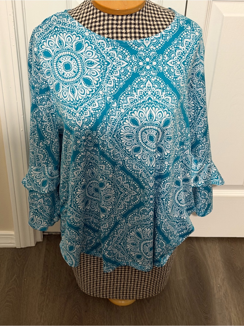 Ruby Rd Women's Teal White Mandala Print Blouse PXL